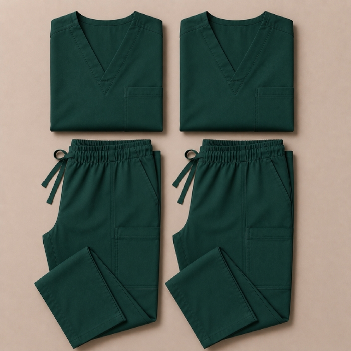 Bottle Green 100% Cotton Medical Scrub Bundle 2 Tops & 2 Trousers