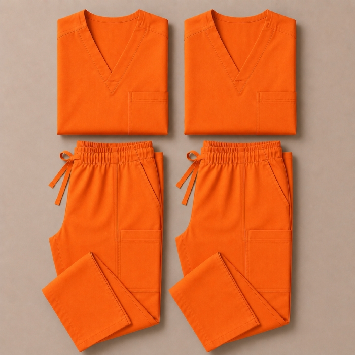 Orange 100% Cotton Medical Scrub Bundle 2 Tops & 2 Trousers