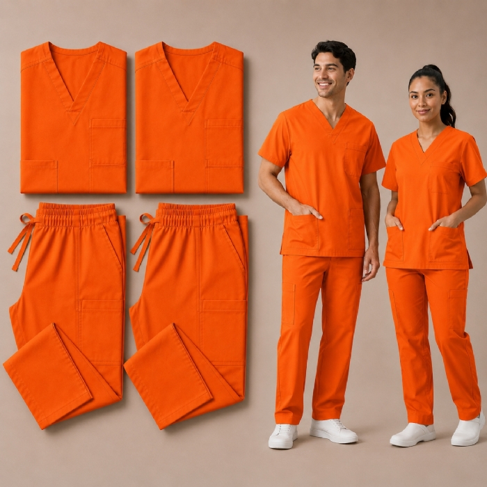 Orange 100% Cotton Medical Scrub Bundle 2 Tops & 2 Trousers