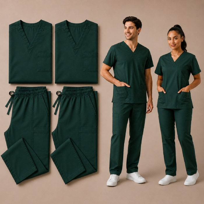 Bottle Green 100% Cotton Medical Scrub Bundle 2 Tops & 2 Trousers