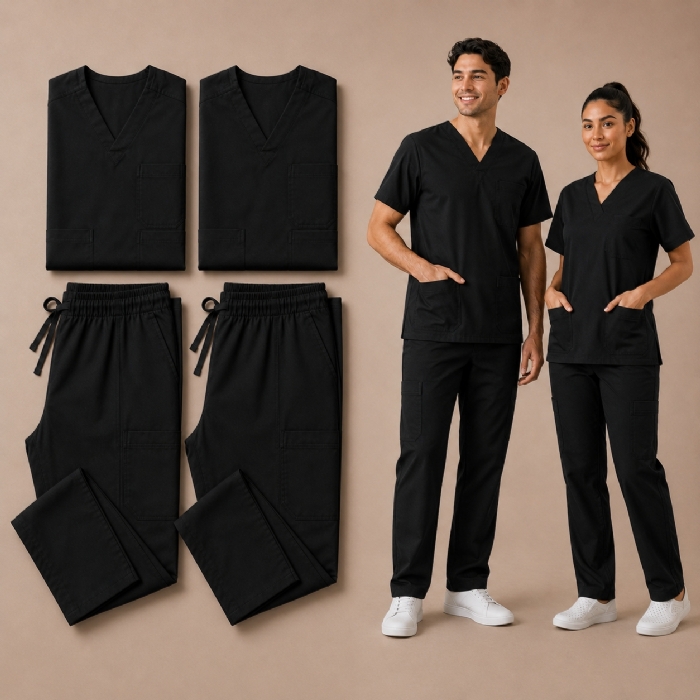 Black 100% Cotton Medical Scrub Bundle 2 Tops & 2 Trousers