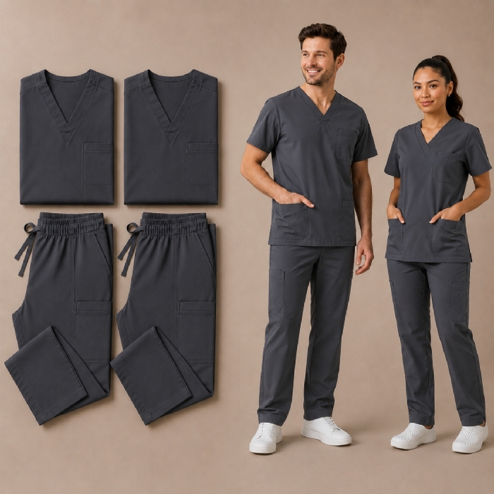 Dark Grey 100% Cotton Medical Scrub Bundle 2 Tops & 2 Trousers