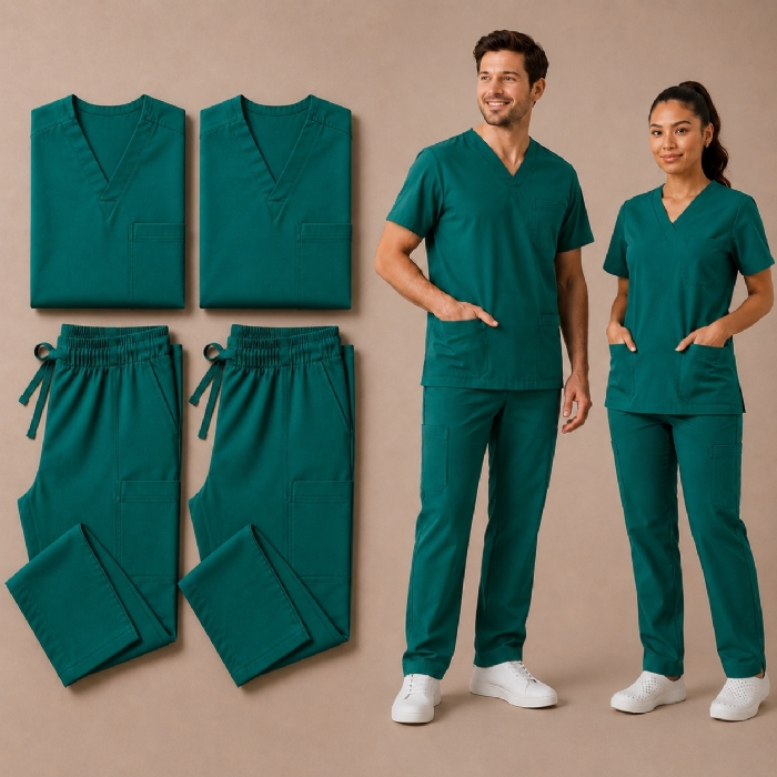 Emerald Green 100% Cotton Medical Scrub Bundle 2 Tops & 2 Trousers