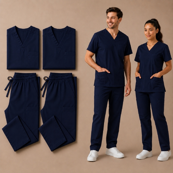 Navy 100% Cotton Medical Scrub Bundle 2 Tops & 2 Trousers